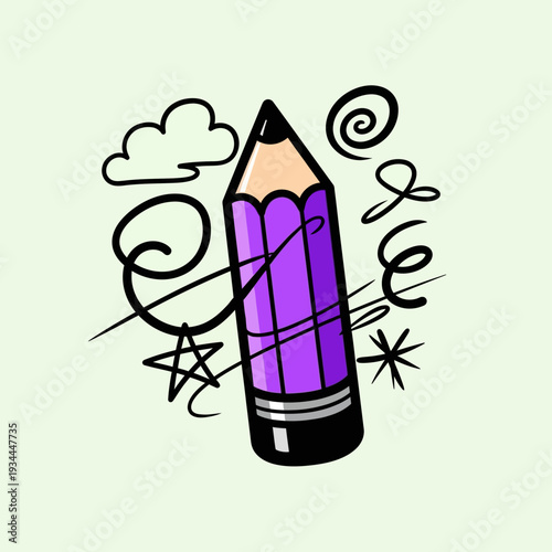 Purple pencil with doodles and scribbles, creative illustration, drawing concept