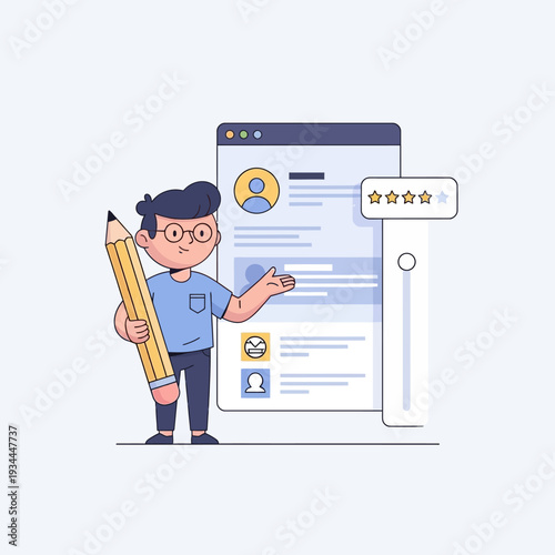 Man with Pencil Reviews Online Profile, Rating Stars, User Experience, Feedback Concept