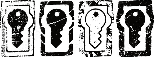 set of vintage black keyhole silhouettes in rectangular frames on textured background