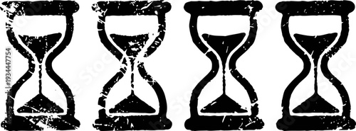 set of four vintage hourglass icons in black grunge with varying sand levels for time concept