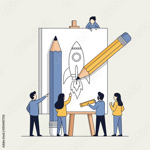 Team drawing rocket on canvas with giant pencils, creativity and teamwork concept