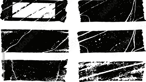 Set of six black distressed grunge texture banners with rough edges and scratched vintage