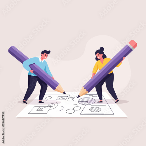 Teamwork and creativity: two people drawing with giant pencils on a blueprint