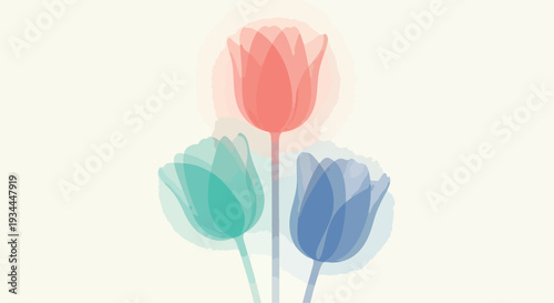 Abstract vector illustration of three translucent, overlapping tulip flowers in red, teal, and blue on a soft beige background, ideal for spring designs, greeting cards, or decorative graphics.