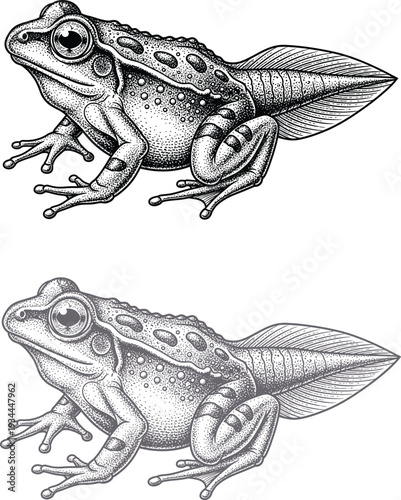 A drawing of a frog and a frog with a long tail.