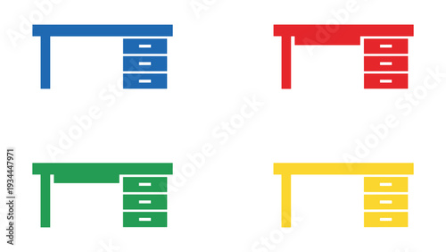 Four stylized desks with different colors and shapes in a grid layout