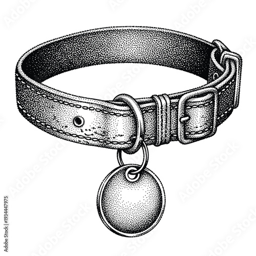 Detailed stippled illustration of a leather dog collar with a blank metal tag and buckle
