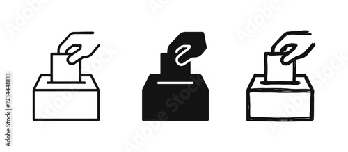 Hand Putting Ballot into Voting Box Icon Set in Outline, Solid, and Doodle Styles