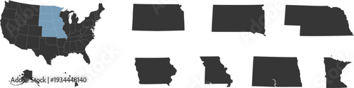 Midwest region. West North Central: Iowa, Kansas, Minnesota, Missouri, Nebraska, North Dakota, South Dakota. States of America territory. Separate states. Vector