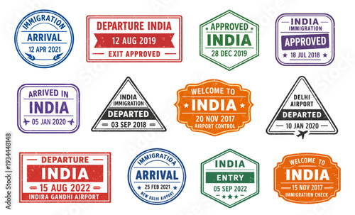 India immigration stamp collection. Retro passport badges with arrival departure and approved marks. Vintage airport travel style