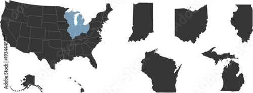 Midwest region. East North Central: Illinois, Indiana, Michigan, Ohio,Wisconsin. States of America territory. Separate states. Vector