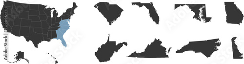 South region. South Atlantic: Delaware, Florida, Georgia, Maryland, North Carolina, South Carolina, Virginia, West Virginia. States of America territory. Separate states.