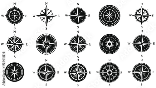 Vector illustration of set of vintage compass rose icons and navigation symbols in black and white on a transparent background