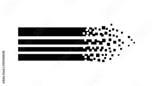 Vector illustration of abstract black horizontal lines dissolving into small squares, digital effect, vector graphic on a transparent background