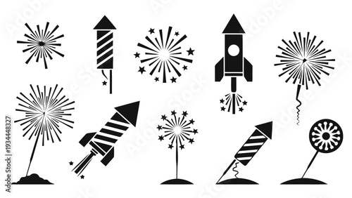 Vector illustration of set of black silhouette icons for fireworks, rockets, and pyrotechnics displays on a transparent background
