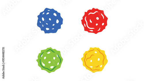 Colorful geometric fractal spheres displayed in four distinct hues