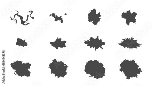 Vector illustration of set of 12 ink splatter and brush stroke shapes for design elements on a transparent background