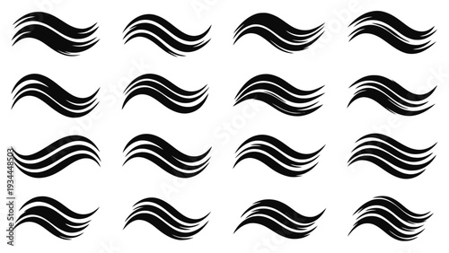Vector illustration of set of black wavy brush strokes, hand drawn swirls, abstract ink marks for design on a transparent background