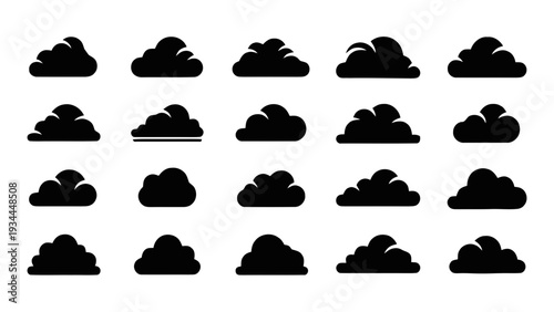 Vector illustration of set of twenty black cloud silhouettes icons for weather and sky design on a transparent background