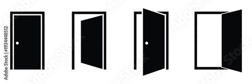 Door icons set, open, closed and ajar doors collection, opened entrance door symbols in flat style, home and office interior elements, clean modern stock vector illustration.