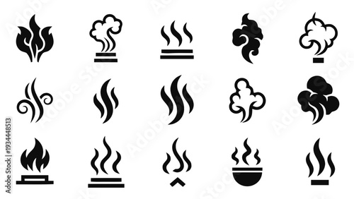Vector illustration of set of steam, smoke, and fire icons vector black symbols for heat, vapor, and burning on a transparent background