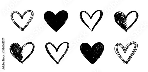 Hand drawn heart set. Collection of sketch style love symbols in black color. Romantic doodle concept