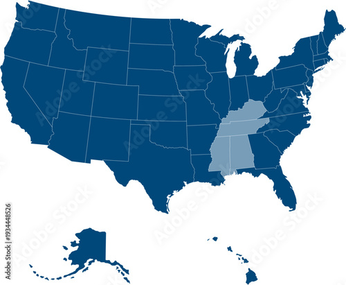 South region. East South Central: Alabama, Kentucky, Mississippi, Tennessee. States of America territory. Separate states. Vector