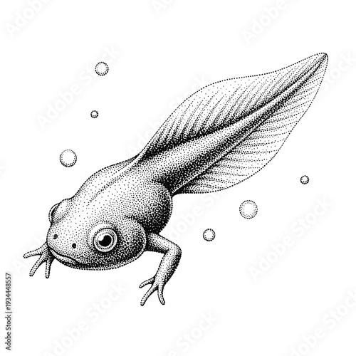 Detailed stippled illustration of a tadpole with developing legs and a large tail swimming