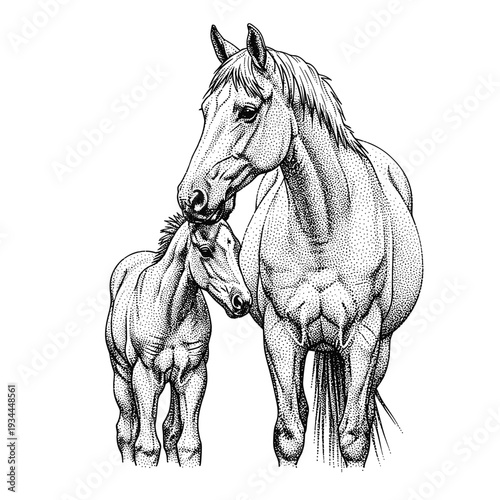 Mother horse and foal in a tender embrace, rendered in stippling art style