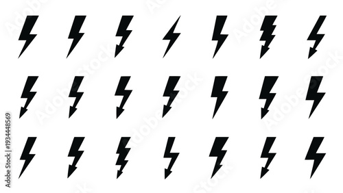 Vector illustration of set of black lightning bolt icons and symbols in various styles on a transparent background