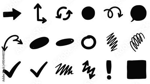 Vector illustration of hand drawn doodle icons set arrows, shapes, symbols, and scribbles on a transparent background