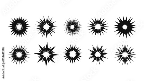 Vector illustration of set of ten black starburst shapes, explosion icons, and abstract rays on a transparent background