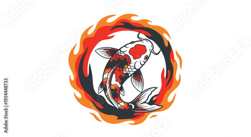 An illustration of two koi fish intertwined in a circular flame design, symbolizing harmony and balance in a serene environment from a direct viewpoint.