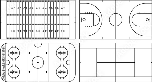 Basketball, tennis and hockey fields. American football field. Football court. Court view and area. Playground symbol. Vector