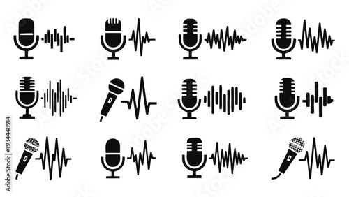 Vector illustration of collection of microphone icons with sound waves, audio recording and broadcasting symbols on a transparent background