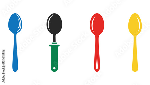 Colorful set of four distinct spoons displayed in a row