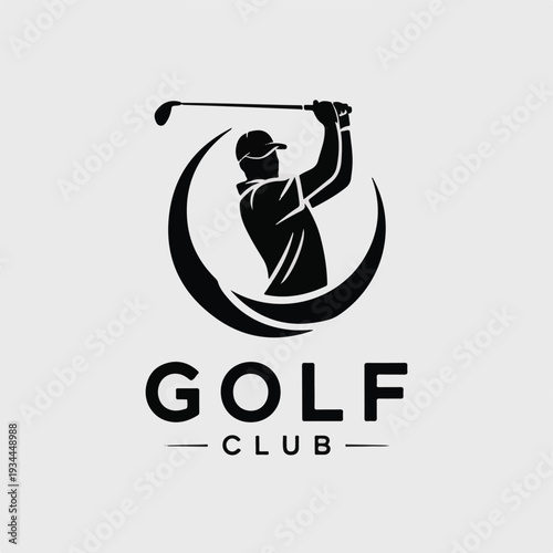 Modern minimalist vector logo for golf club featuring a golfer in action with a golf club, symbolizing sports and leisure activities