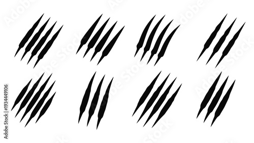 Vector illustration of set of black stylized claw marks or scratch marks on a transparent background