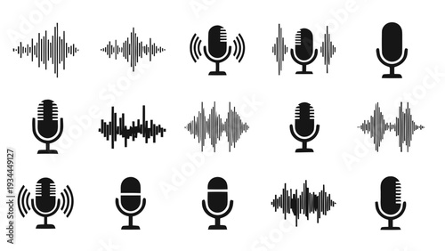 Vector illustration of set of microphone and sound wave icons for audio recording and broadcasting on a transparent background