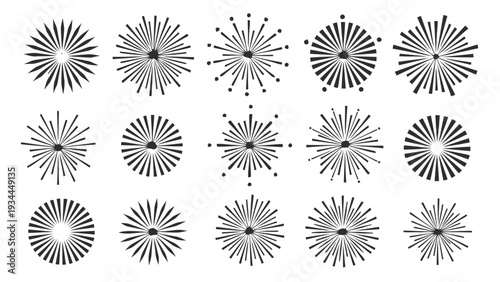 Vector illustration of set of 15 hand drawn starburst, sunburst, or explosion icons in black and white on a transparent background