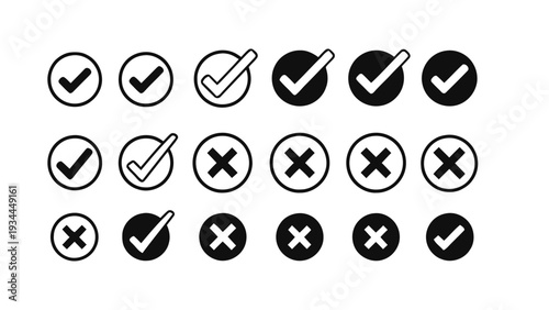 Vector illustration of set of check mark and cross icons, approval and rejection symbols in circles on a transparent background