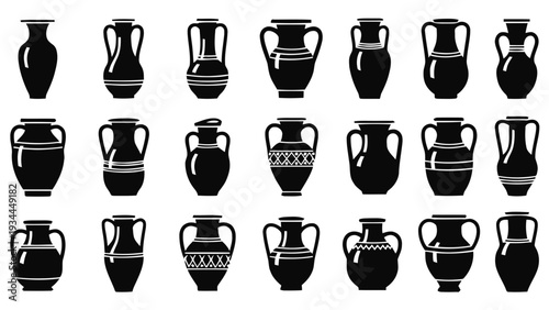 Vector illustration of collection of ancient greek amphora and pottery silhouettes on a transparent background