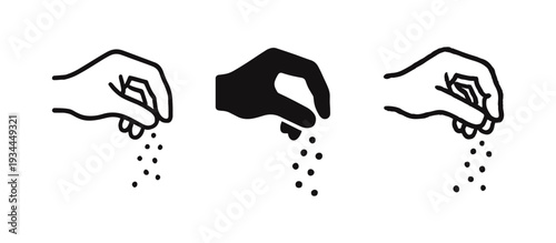 Hand sprinkling spices or ingredients icon set, Adding seasoning to food symbol, Cooking and flavoring vector illustration.