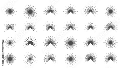 Vector illustration of set of 24 vintage sunburst and ray burst graphics, grunge style on a transparent background