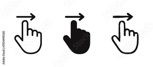 Hand swiping right gesture icon set, Drag or scroll right touchscreen symbol, User interface navigation vector illustration.