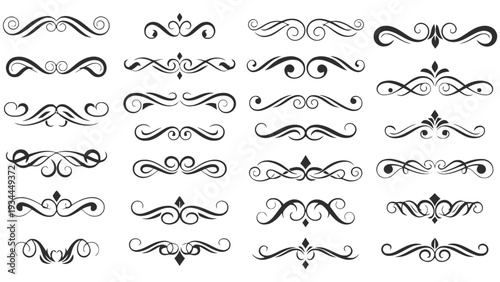 Vector illustration of collection of ornate black swirl flourish dividers and page separators on a transparent background