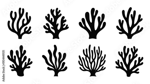 Vector illustration of set of eight black silhouette illustrations of coral branches on a transparent background