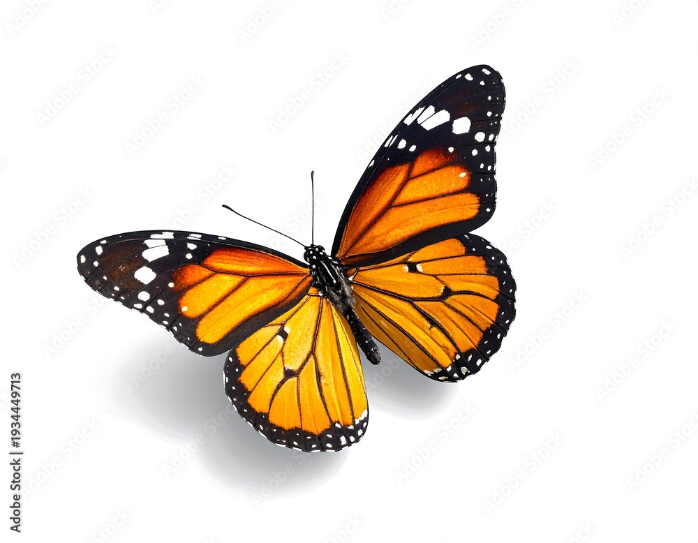 Obraz premium A vibrant monarch butterfly with striking orange and black wings, delicately perched, casting a soft shadow on the white backdrop
