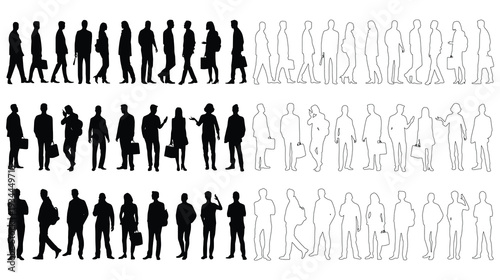 Silhouettes of men and women walking with briefcases in different poses