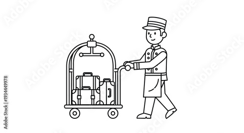 A bellhop pushes a luggage cart filled with suitcases and bags